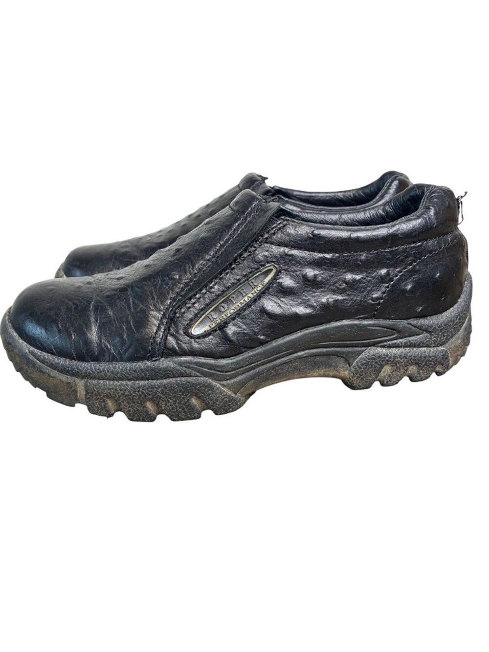 Roper Ostrich Print Slip On Shoes Mens 8 Black Loafers Driving Mocs Comfort